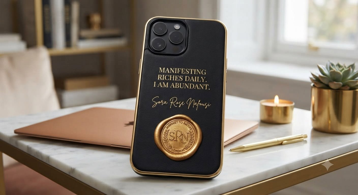 SRN Atelier gold-embossed leather phone case reading 'Manifesting riches daily. I am abundant.' signed Sora Rose Nafousi