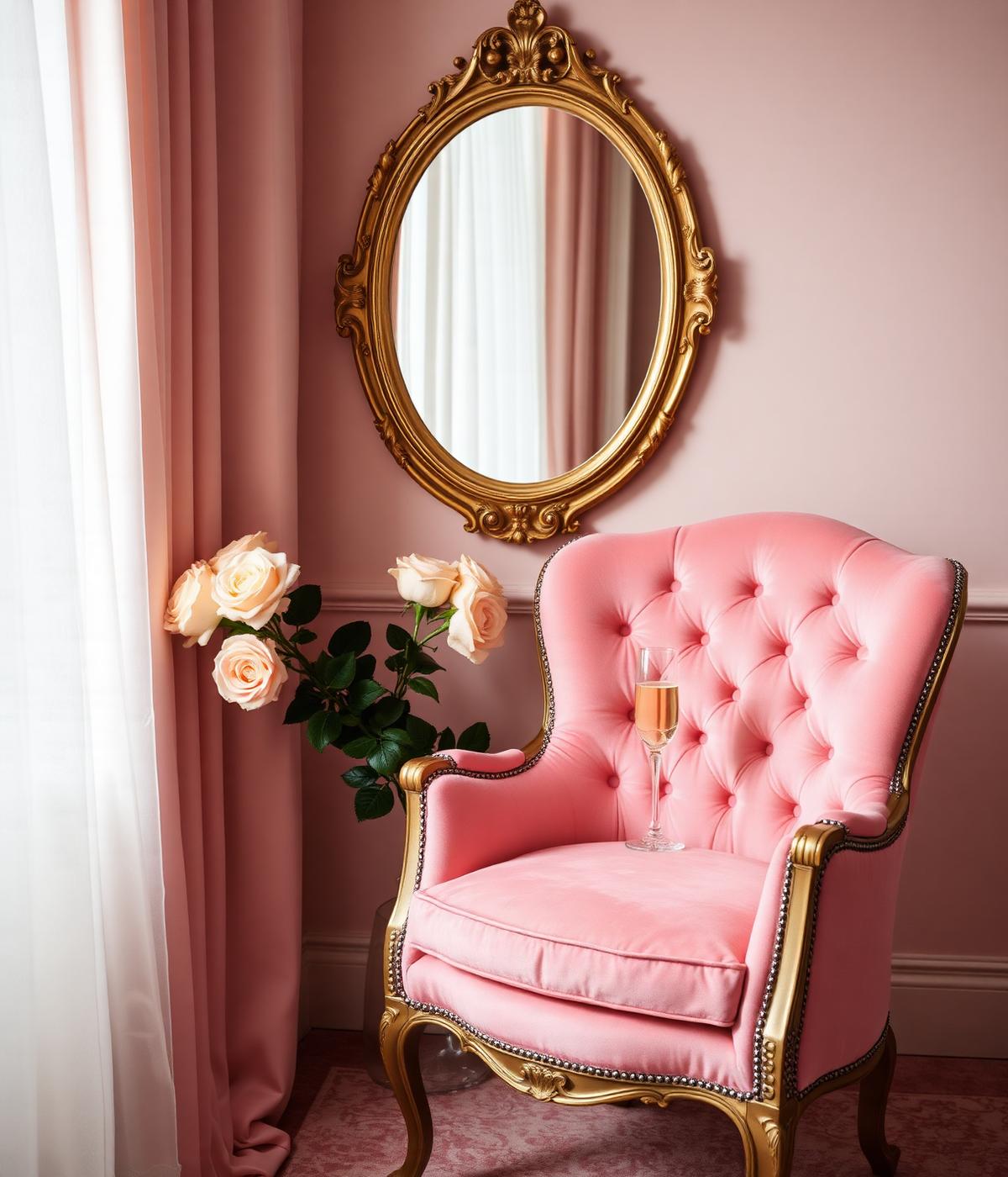 Pink velvet chair, gold mirror, cream roses
